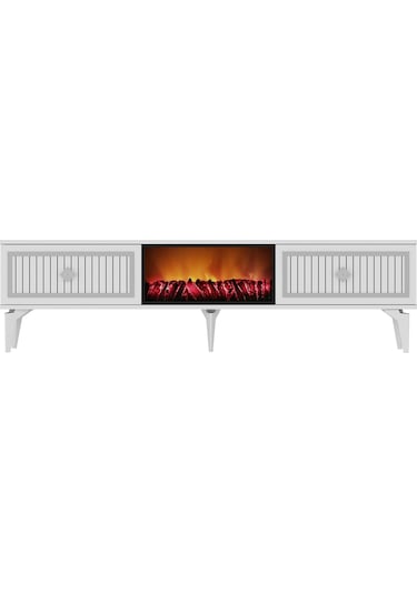 Flame Şömineli Tv Sehpası-ünitesi Beyaz-Gümüş