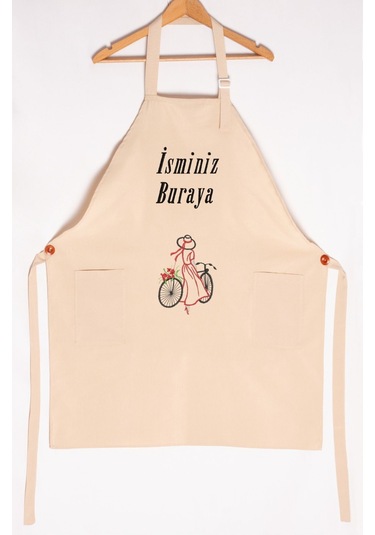 Mutfak Önlüğü Kişiye Ve İsme Özel Nakışlı Mutfak Önlüğü Bisiklet Farklı Renkler Krem