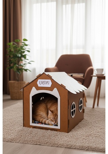 Ahşap Özel İsim Baskılı Dekoratif Kedi Evi-kulübesi, Kediler İçin Kulübe, Kedi Kulübesi Ceviz