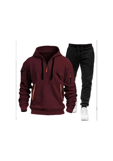 Erkek Kışlık Günlük Trend V Yaka Fermuarlı Kazak Kırmızı