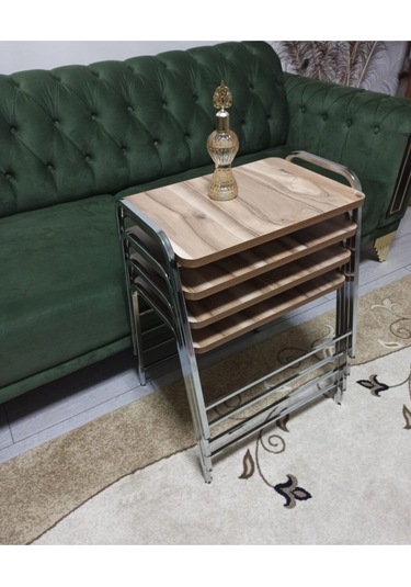 Mermer Desenli Şık 4'lü Piramit Tepsi Zigon ceviz