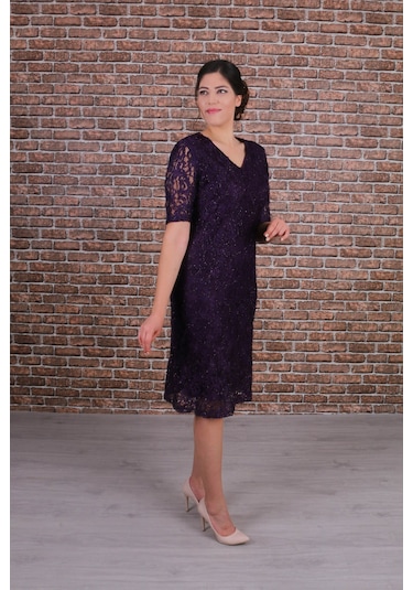 Nidya Moda Büyük Beden Kadın Mürdüm Dantel Elbise-4161M Mürdüm