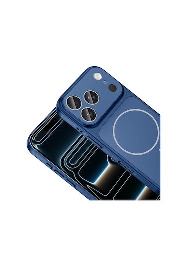 Apple İphone 17 Pro Max Kılıf Şarj Özellikli Kamera Lensli 1.8mm İnce Sert Formen Kapak Mavi