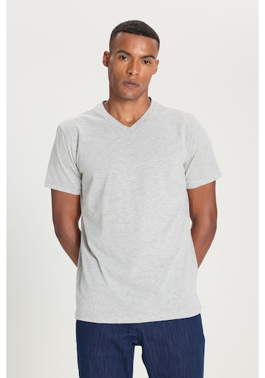 Ac&Co / Altınyıldız Classics Slim Fit Dar Kesim V Yaka Pamuklu Erkek Tişört Gri Melanj