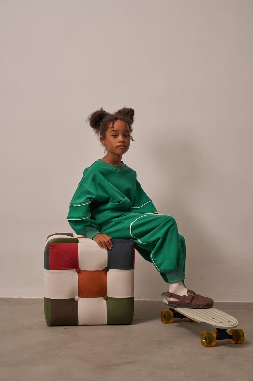 Yeşil Asimetrik Cep Detaylı Oversize Çocuk Alt Üst Takım Yeşil