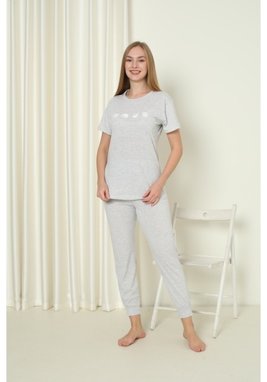 Fames Pijama Kisa Kol Yazlik Pijama Takimi Pamuklu Gri
