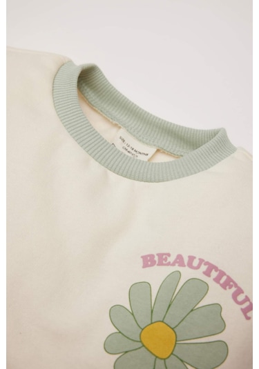 DeFacto Kız Bebek Bisiklet Yaka Çiçekli İçi Yumuşak Tüylü Sweatshirt D7185A524WNER99 Ekru