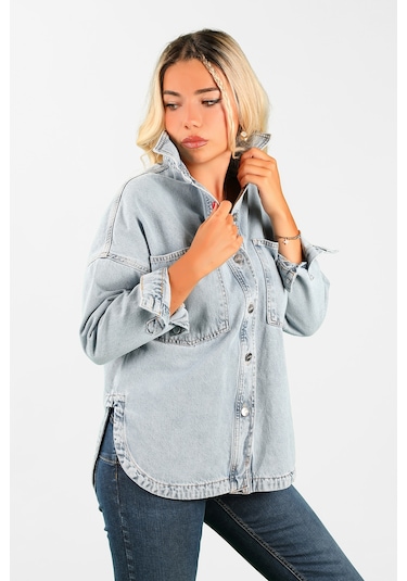 Oversize Kadın Jean Ceket Effect Mavi