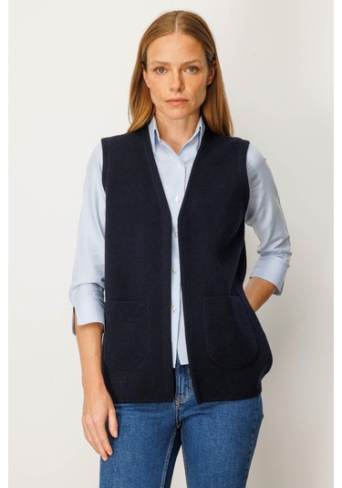 Desen Triko Kadın V Yaka Çelik Örgü Yün Anne Yelek 25044 Koyu Lacivert Koyu Lacivert