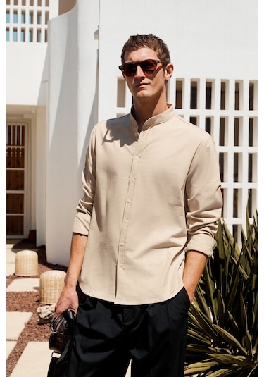 JEZER Erkek Hakim Yaka Uzun Kollu %100 Pamuk Regular Fit Bej Gömlek