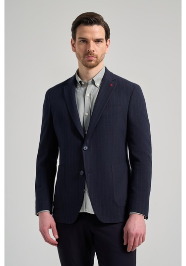 Çizgili Desen Gofreli Mono Yaka Esnek 6 Drop Slim Fit Ceket 1002250122 Koyu Lacivert