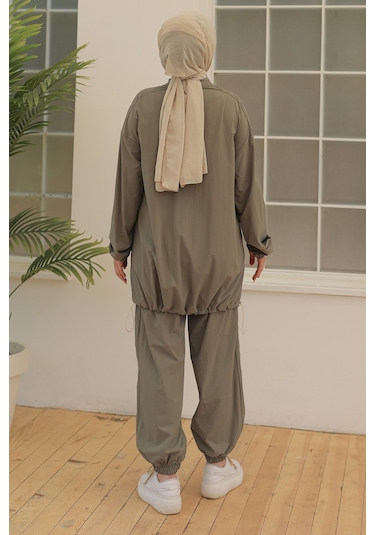 Üst Fermuarlı Beli Lastikli Çizgili İkili Takım Haki- 24yt616-111-haki Haki