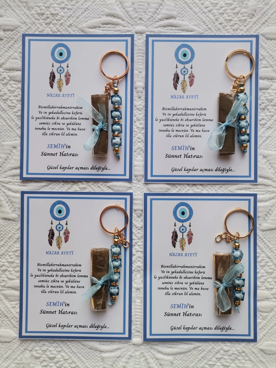 100 Adet Kişiye Özel Nazar Ayeti Sünnet Hatırası Dağıtmalık Hediyelik Mavi Renk Anahtarlık Ve Kına