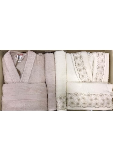 Özdilek Pamuk Aile Bornoz Seti-begonvil krem- bej Krem
