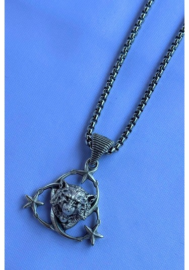 Kurt Ay Yıldız El İşçiliği Paslanmaz Çelik Zincir Erkek Kolye Gümüş