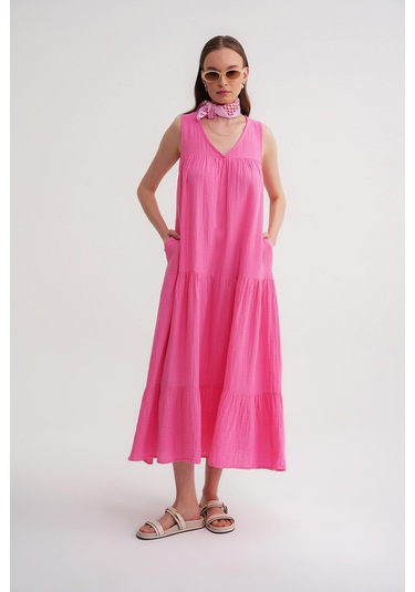 Mixray 4673 Kadın Büzgü Detaylı Müslin Elbise Pembe