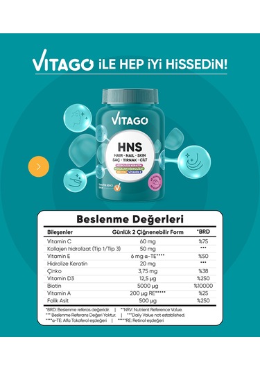 Vitago Hns Hair Nail Skin Biotin, Folik Asit, Vitamin E Ve Hidrolize Keratin İçeren 60 Adet Çiğnenebilir Gummies Form Takviye Edici Gıda