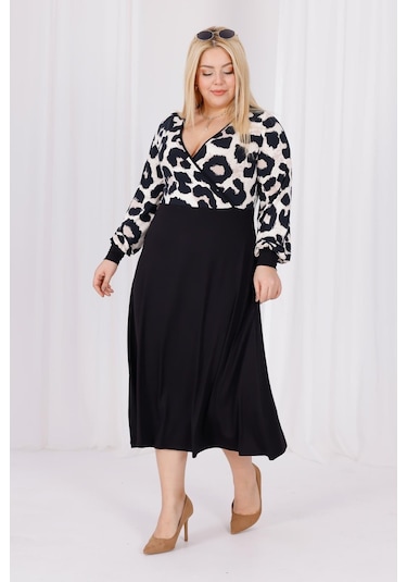 Kadın Vizon Siyah Leopar Desen Bloklu Kruvaze Yaka Balon Kol Büyük Beden Esnek Maxi Elbise Vizon