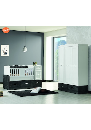 Bebek Odasi Takimi Uzamali Sallanir Beşik 3 Kapili Dolap Gardirop Beyaz  -  Gri