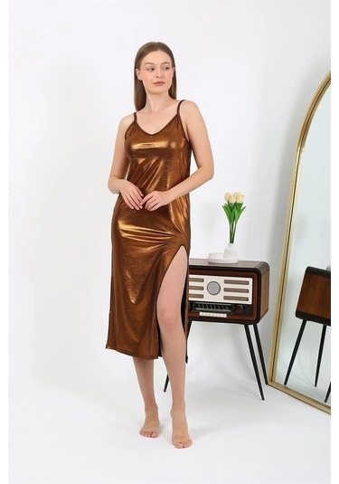 Giyim Kadın İp Askılı Uzun Parlak Micro Elbise Gecelik Kahverengi Kahve