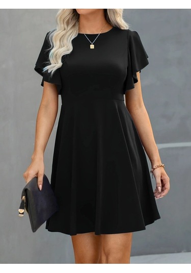 Kadın Kısa Kelebek Kollu Bisiklet Yaka Janjan Krep Elbise Çok renkli