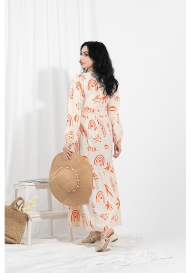 Antik Desenli Keten Elbise-oranj-1249-turuncu Turuncu