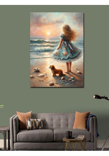 Kanvas Tablo Yavru Köpek Ve Kız Çocuğu 50cmx70cm