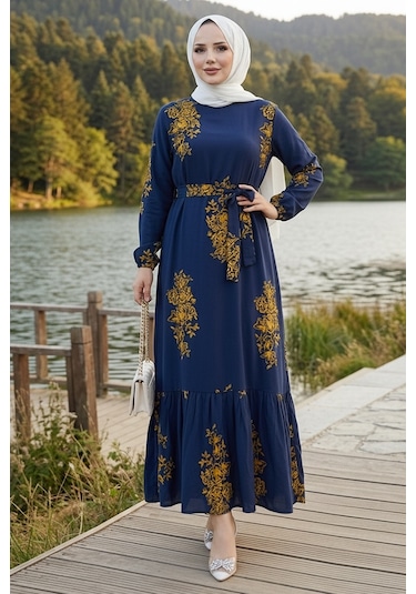 Bestenur Noyra Desenli Viskon Elbise 1722 - Lacivert