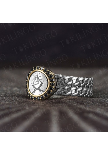 Takılingo 925 Ayar Gümüş Zirkon Taş Zülfikar İşlemeli Alyans Erkek Yüzük Gümüş