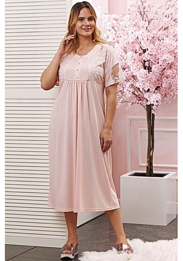 Kısa Kol Dantel Detaylı Kadın Gecelik Somon SOMON