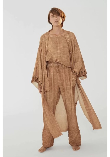 Kahverengi Yüksek Kalite Pamuk Truvakar Kollu Üst-yüksek Belli Pantolon Takım Kahverengi