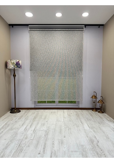 Çift Mekanizmalı Gri Çizgili Desenli Tül Ve Gri Stor Perde - İthal Mat Polyester Gri