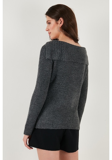 Lela Premium Regular Fit Kayık Yaka Düğme Detaylı Bayan Kazak 680Kz002563 Antrasit