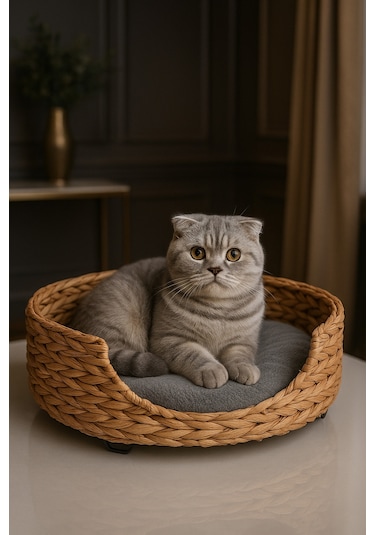 Dekoratif Hasır Kedi Köpek Yatağı Sepet 46x35x36cm