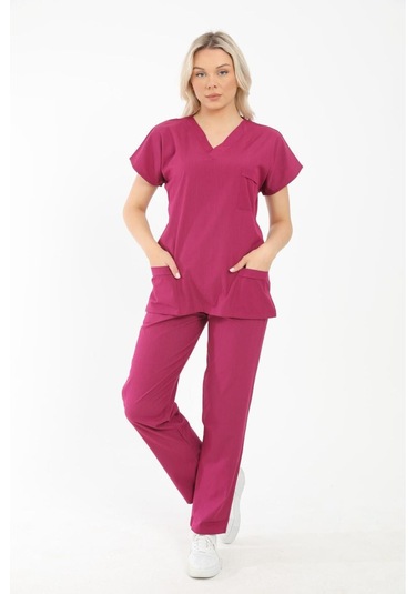 Likralı Cerrahi, Doktor, Hemşire, Renkli Üniforma Takım Fuşya