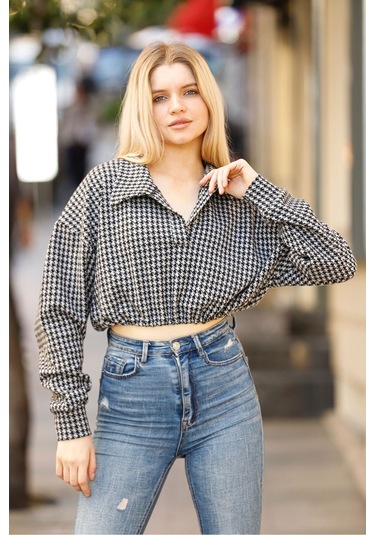 Bella Dossi Kaz Ayağı Desenli Crop Sweat Siyah