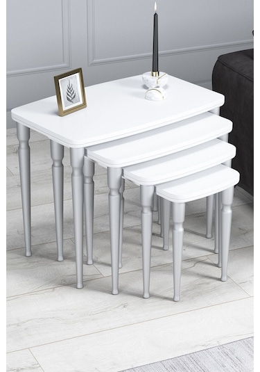 Imaj Mdf Ve Lake Boya, Beyaz 4lü Zigon Sehpa Takımı, Gümüş Gürgen Ayaklar Sehpalar Beyaz Ayaklar Gümüş