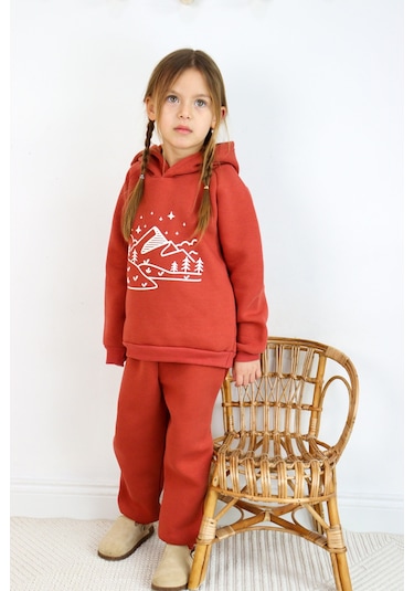 3 İp Baskılı Kapüşonlu Şardonlu İkili Takım Kiremit