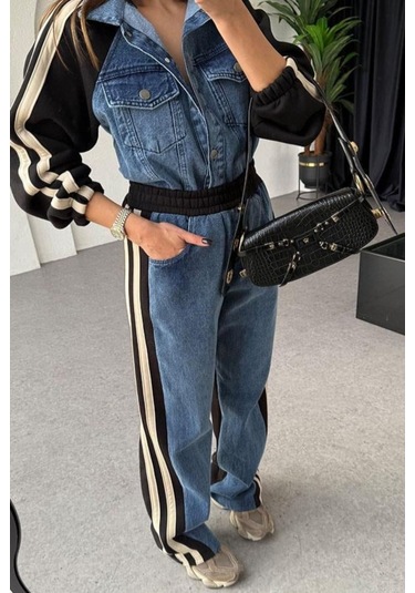 Kadın Kot Garnili Siyah Şeritli Palazzo Alt Üst Takım Çok Renkli