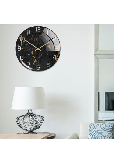 Suntek Mermer Dokulu Yuvarlak Pille Çalışan Ofis İçin İskandinav Tarzı Duvar Saati Siyah