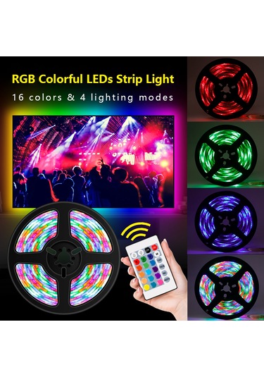 Kosona 5m Usb Rgb Renkli Led Işık Şeridi 16 Renkli Kumanda Kontrollü 4 Modlu Dekoratif Aydınlatma Kumanda Pil Yok