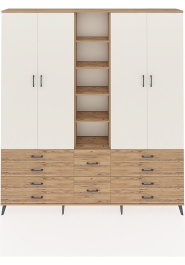 Arges Dolap 9 Raflı 10 Çekmeceli 2 Askılı 220x30x243 Çam-aytaşı/çam Aytası/atlas Çam