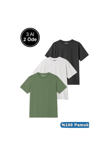 Erkek 3lü Paket Antrasit Melanj-beyaz-yeşil Pamuklu Oversize Tişört Bisiklet Yaka Kısa Kollu T-shirt Yeşil