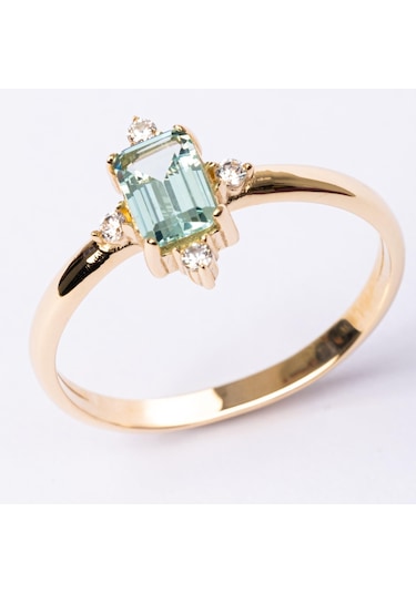 Gümüş Yüzük - Octagon Kesim Su Yeşili Taşlı 0.95 Karat Pırlanta Montürü 925 Ayar Gümüş Yüzük Sarı