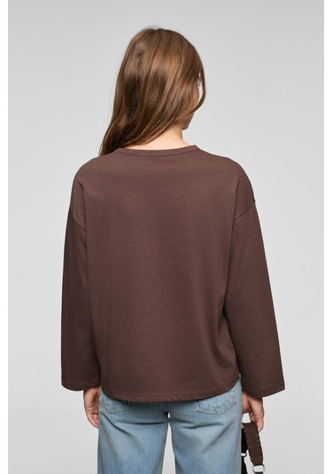 Grımelange Basıl Kadını Oversize %100 Organik Pamuk Örme Uzun Kol Koyu Kahverengi T-shirt Koyu Kahverengi