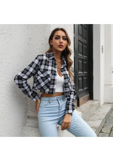 Gmxıa Kadın Modası Günlük Ekose Baskı Uzun Kollu Polo Yaka Bluzlar Ve Gömlekler Kahverengi