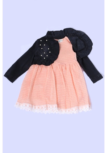Kız Çocuk Kot Ceketli Elbise Fırfırlı Dantelli Taş İşlemeli F19 Yavruağzı