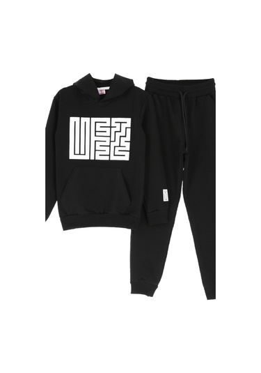 Kız Çocuk 2 İplik Küfe Yazı Görselli Kapüşonlu Alt-üst Takım 12374 Siyah