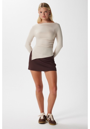 Kadın Most Poliamid Asimetrik Bej Uzun Kol Bluz Bej