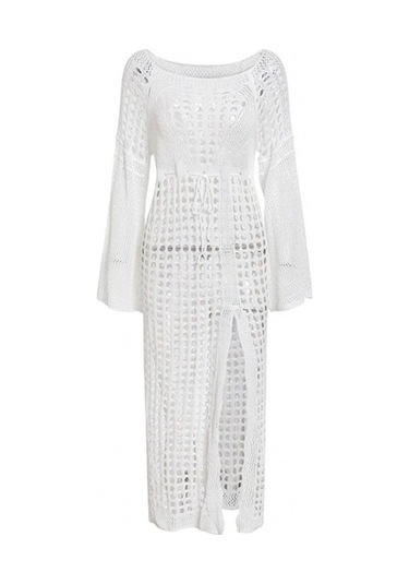 Kadın Yarasa Kol Triko Maxi Boy Pareo Beyaz